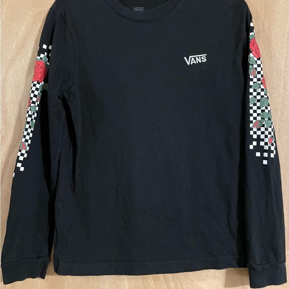 EUC Vans Womens Black Long Sleeve Shirt with Red Rose Design size Medium